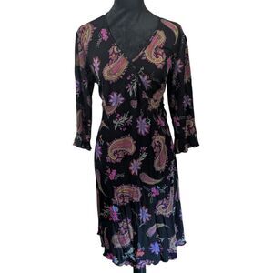 MIMI MATERNITY Paisley Wrap Dress L Black Bohemian Tie Back Long Sleeve
